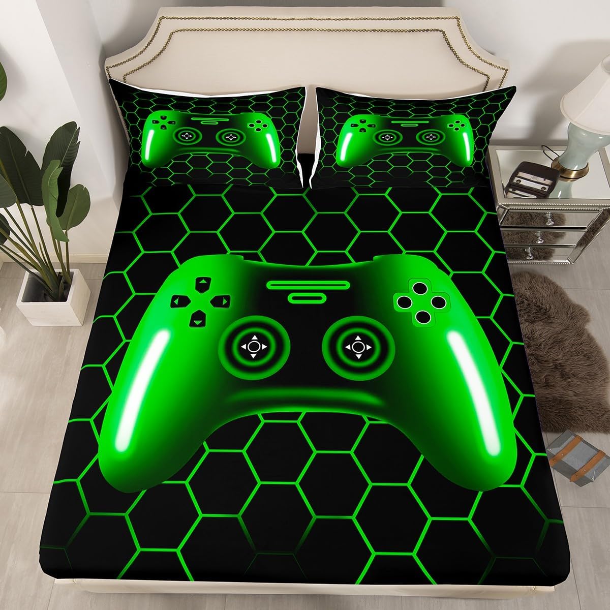 Erosebridal Queen Bed Fitted Sheet for Boys Kids Red Gaming Bedding Set Cool Gamer Bed Sheets Black Honeycomb Geometric Game Comforter Red Black Ombre Video Game Sheets with 2 Pillow Cases