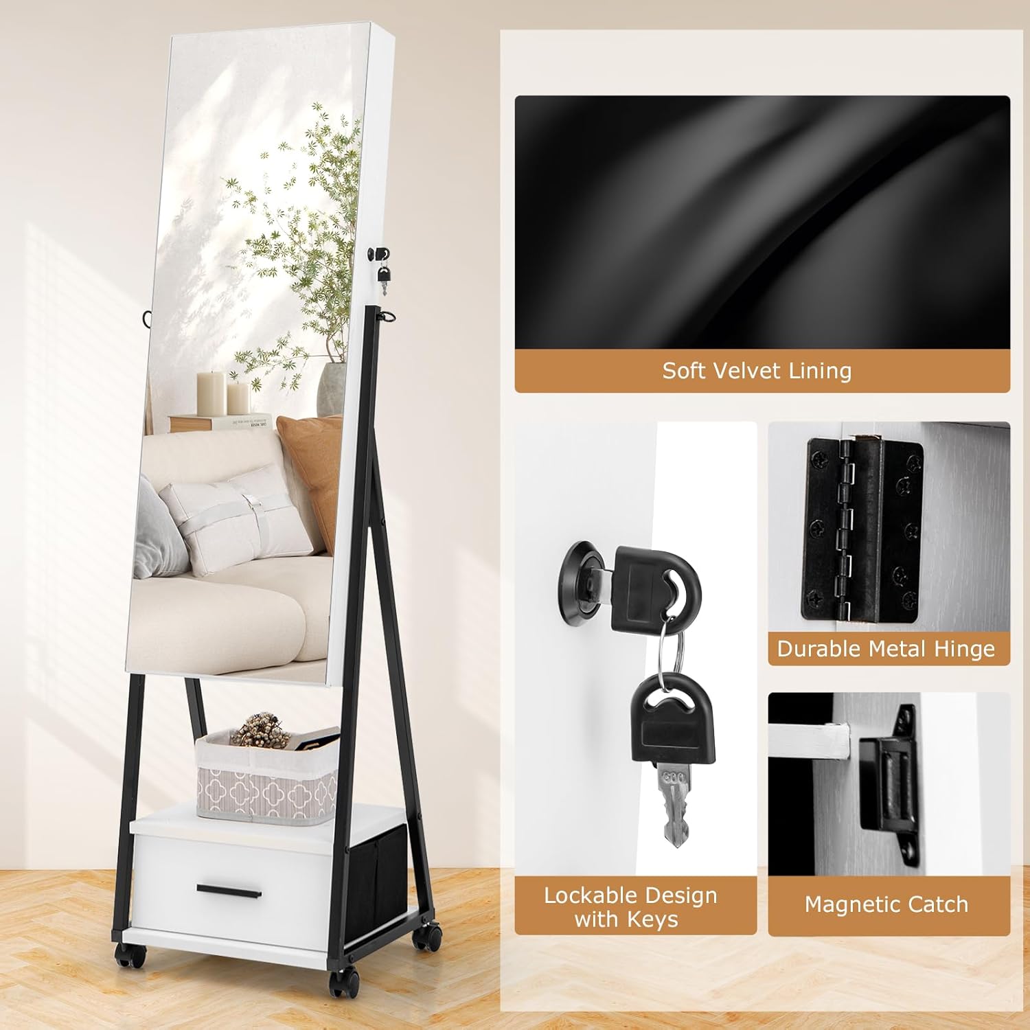 GOFLAME Rolling Jewelry Armoire Cabinet, Full Length Mirror with Storage, Floor Standing Lockable Jewelry Cabinet with Wheels, Drawers & Shelves, Large Capacity Jewelry Box Organizer (White)