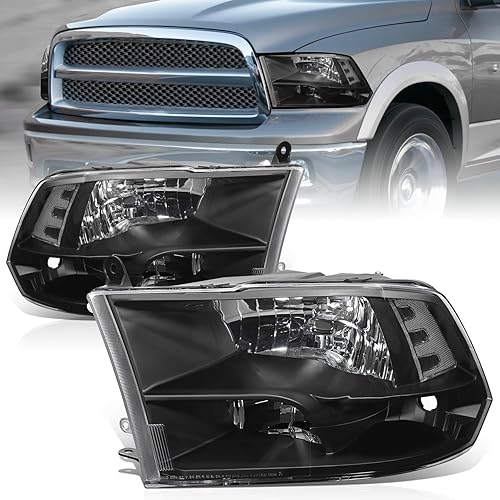Auto Dynasty Quad Headlights Assembly Compatible with 2009-2010 Dodge Ram 1500-3500 New Body, 2011-2018 Ram 1500-5500, Halogen Headlamps Replacement, Left and Right Side, Black Housing Clear Corner