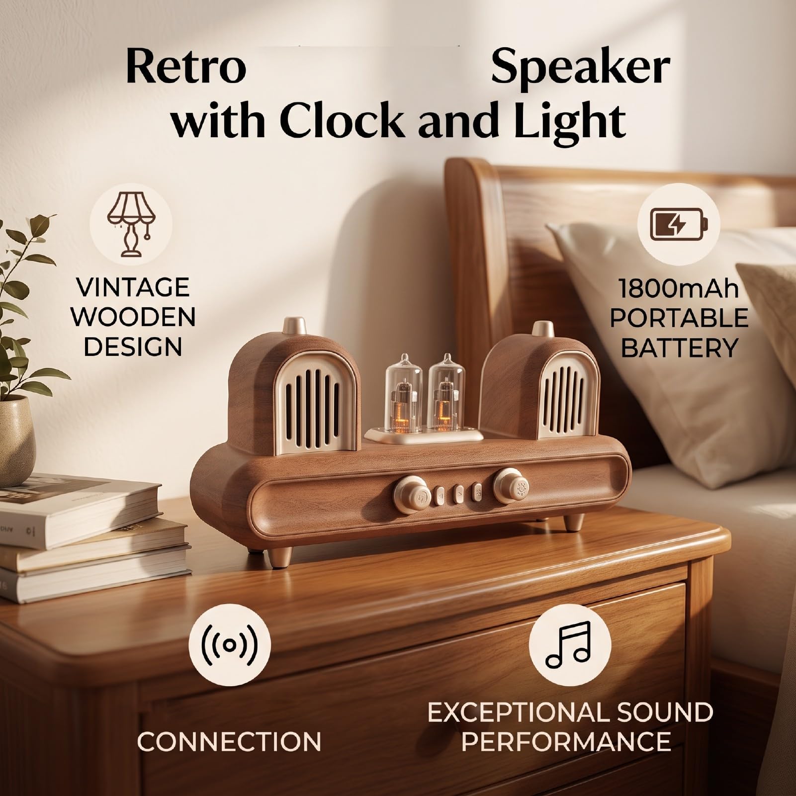 Haut-Parleur Bluetooth Rétro avec Horloge, Lumière Ambiante