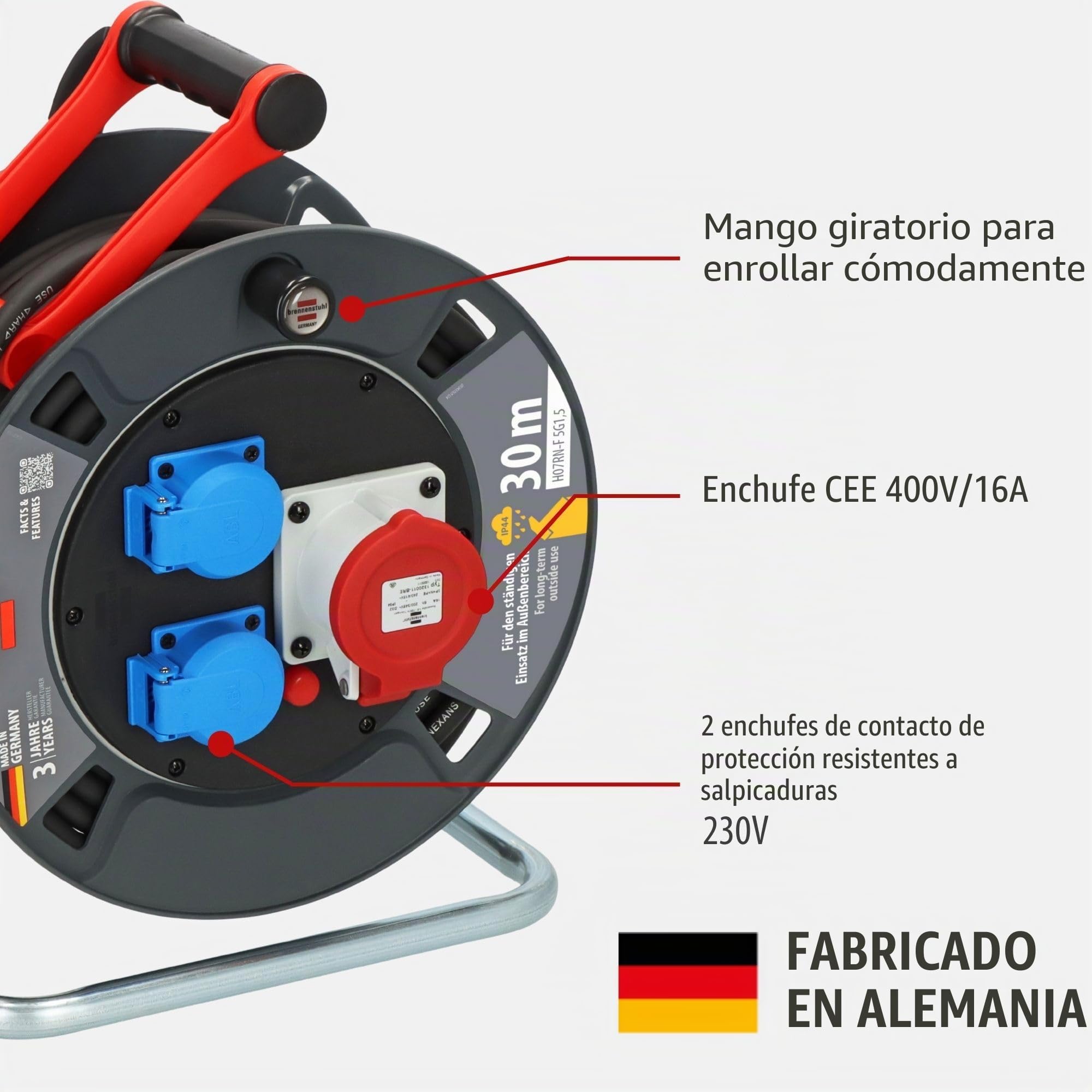 Brennenstuhl Garant CEE 1 V2 IP44 Carrete de Cable (CEE con Cable de 30 m en Negro, Fabricado en Alemania, Uso Permanente para Exteriores IP44)