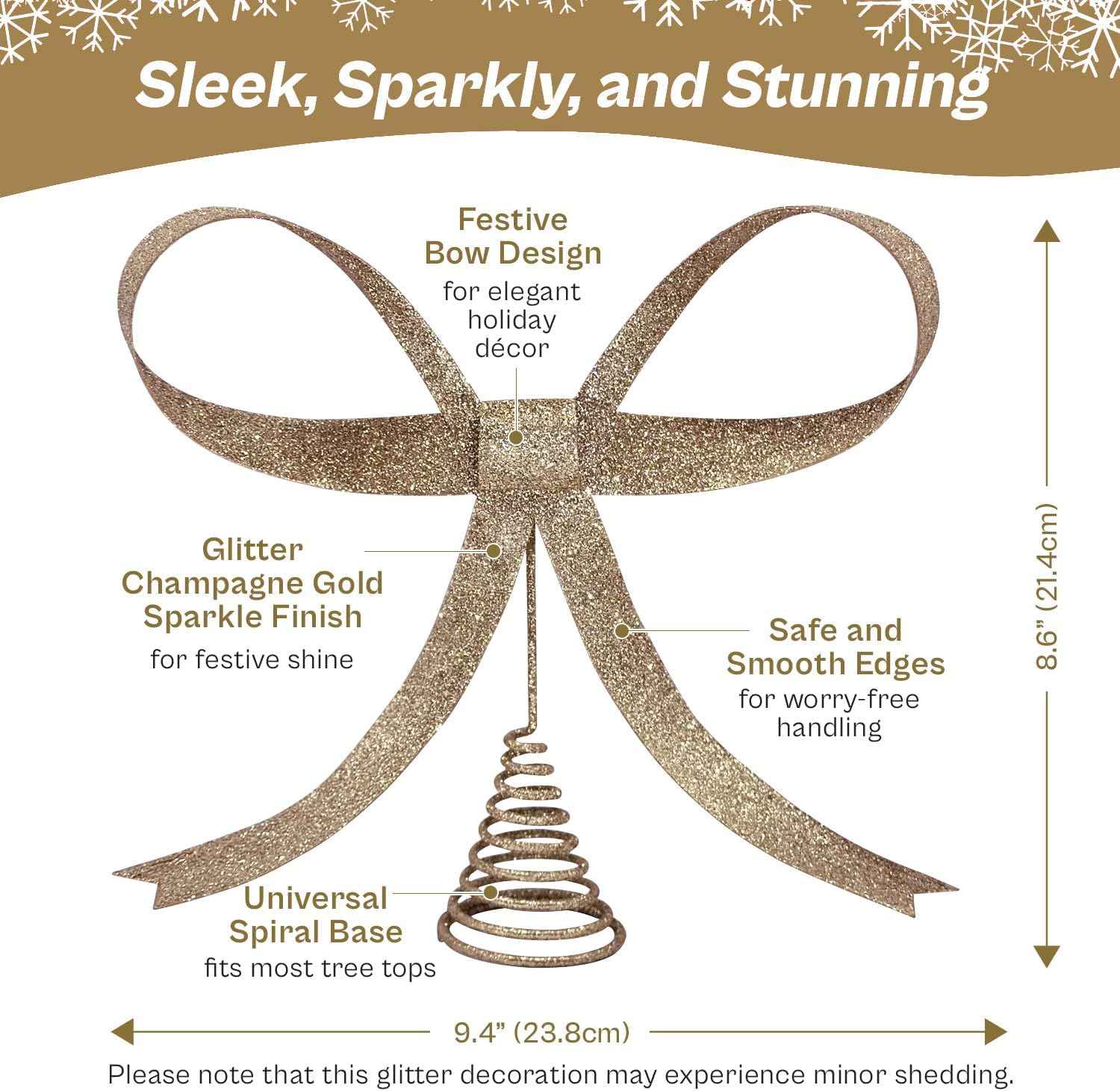 Large Metal Bow Christmas Tree Topper,9.4 Inch Glitter Champagne Gold Tree Topper,Champagne Gold Bow Christmas Tree Decorations for Xmas Home Decor Holiday Party Indoor Outdoor Shop Office - Image 2