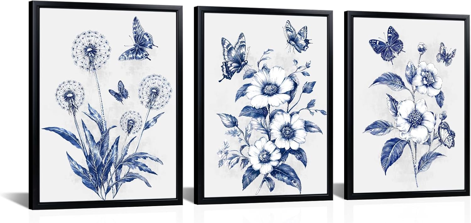FuShvre Navy Blue Bathroom Decor Blue Flowers and Butterfly Pictures Wall Art Modern Floral Bathroom Wall Decor Black Frames Each Panel 12x16 Inches