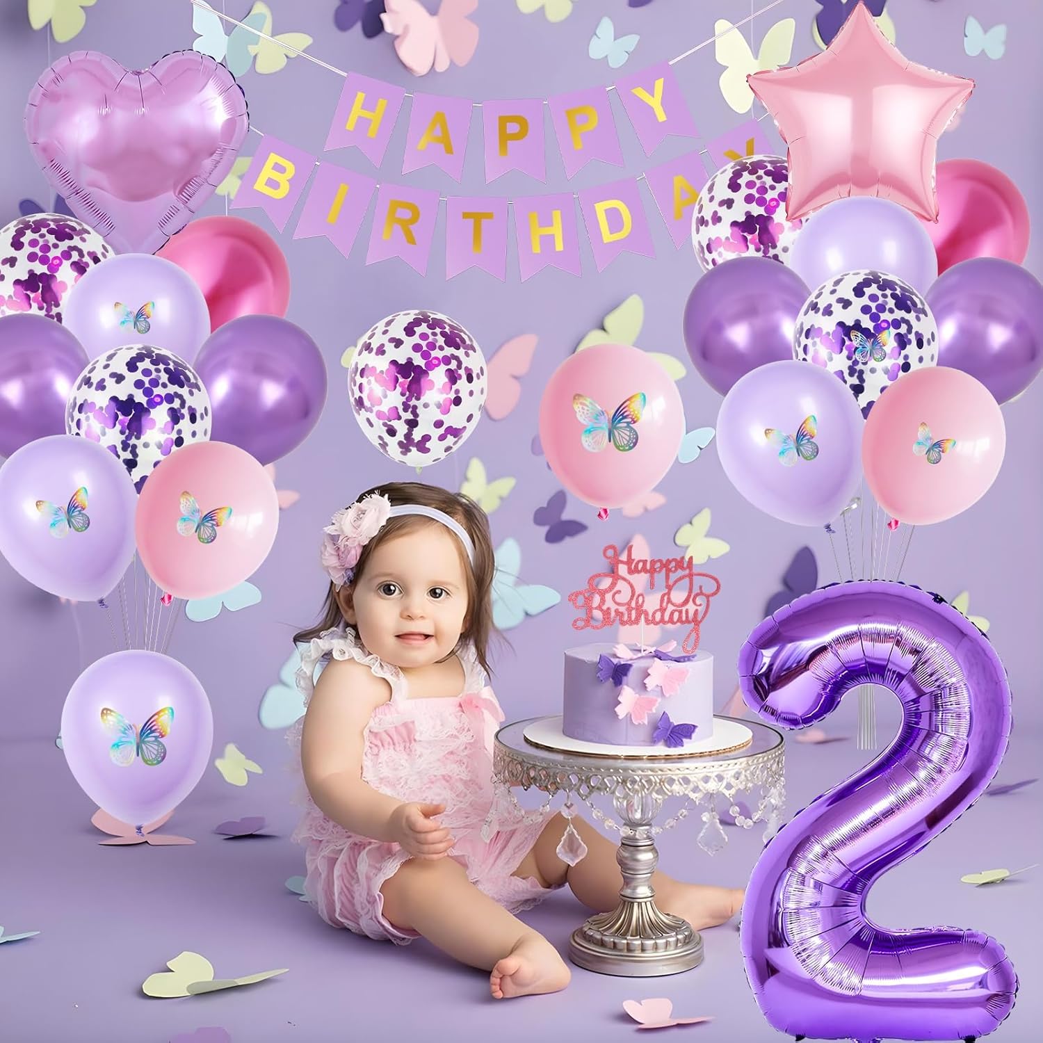 2nd Birthday Decoration for Girls,Pink Purple 2nd Balloon Number 2 Balloon with Butterfly Stickers Star Heart Foil Balloons Happy Birthday Banner for Baby 2 Year Old Party Decor - Image 7