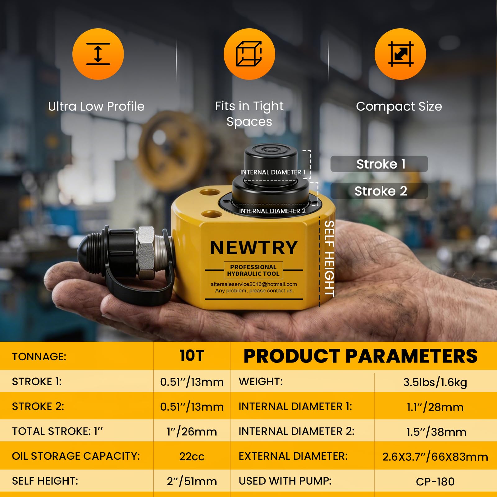 NEWTRY 10T Low Profile Hydraulic Ram Jack, 1" Stroke Multi-Section — Amazon image 3