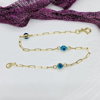 14K Real Solid Gold Beaded Evil Eye Bracelet for Women, Bead Evil Eye Paperclip Chain Bracelet, Gift for Her, Turkish Evil Eye Jewellery