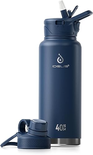 Miniatura 36 de IDEUS Botella de agua aislada de acero inoxidable con 2 tapas a prueba de fugas, termo para senderismo y ciclismo, 24 onzas, amarillo brillante