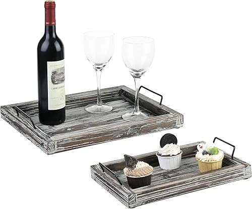 Miniatura 5 de MyGift - Juego de 2 bandejas rectangulares con asas de metal, acabado rústico de madera blanca