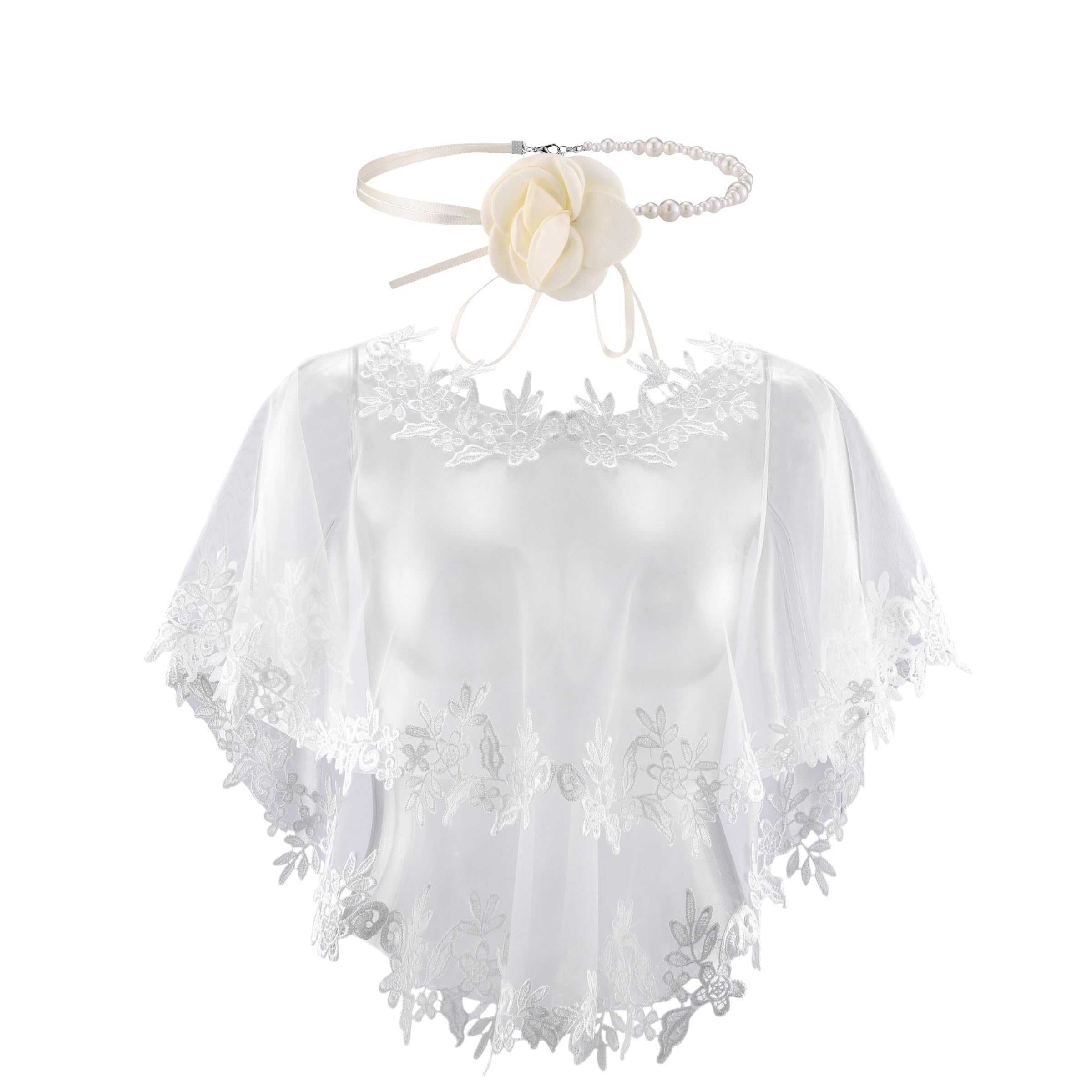 Elegant Spitze Umschlagtücher mit Blumen Halsband,Lace Umhang Perlen choker für Brautkleid Abendkleid Cocktaikleid Hochzeitsaccessoires