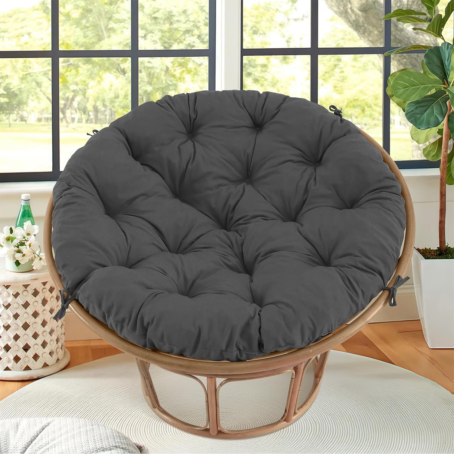 Papasan Chair Cushion Outdoor, Round Papasan Cushion Indoor with Ties, Waterproof Circle Seat Pad for Porch Patio Garden, 45 in Medium Grey, Cushion Only
