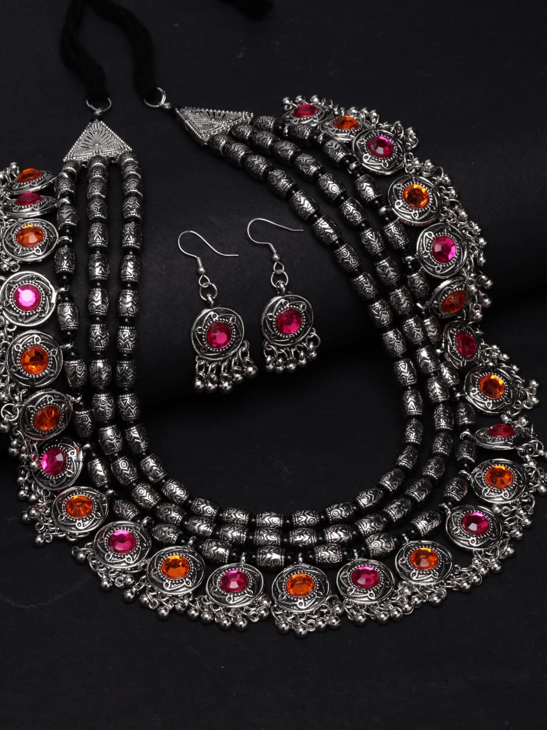 Shining Diva Fashion Latest Stylish Fancy Oxidised Silver Tribal Necklace Jewellery Set for Women (12164s), Multicolour, One - Image 5