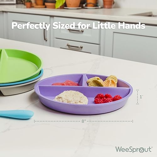 Miniatura 2 de WeeSprout Platos divididos de bambú y melamina para niños, juego de 4 vajilla para niños pequeños, grado alimenticio, seguro para niños con diseño