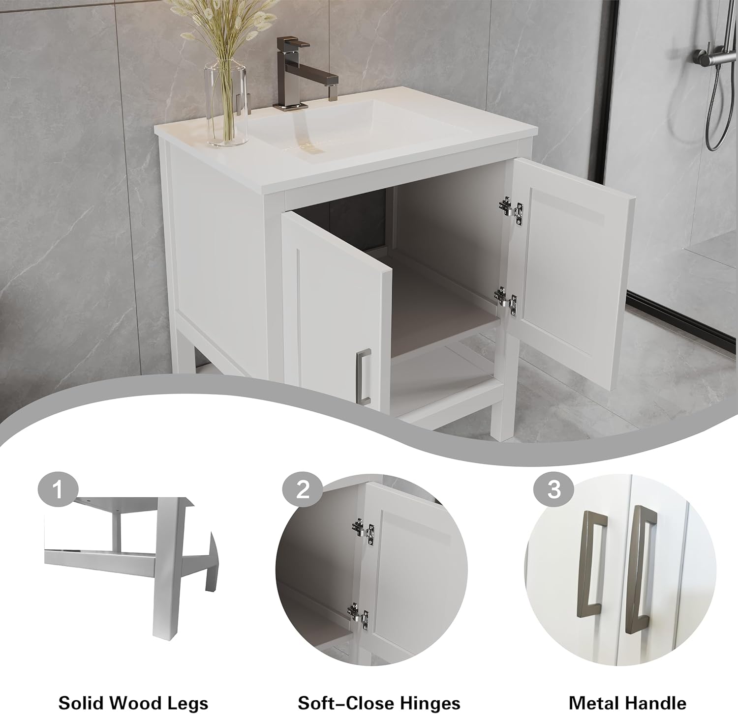 24" White Freestanding Solid Wood Premium Grade Bath Vanity with Open Shelf Sink Base Cabinet Without Top (White Monterey, 24" Wx21 Dx34.5 H)