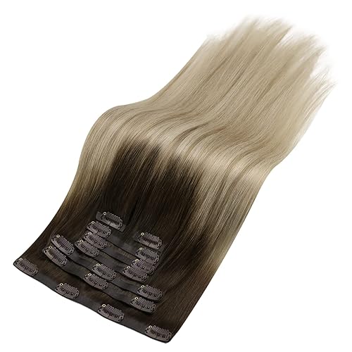 Miniatura 9 de Full Shine - Extensiones de cabello humano con clip, trama de poliuretano, rubio ombré, color castaño oscuro a reflejos rubios, sin costuras, para