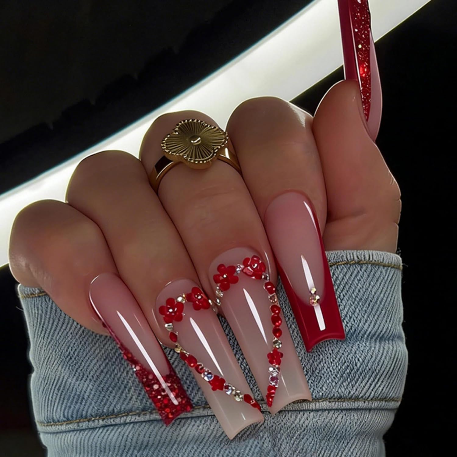 SEENEEY Square Fake Nails with Rhinestones - Red Heart Design