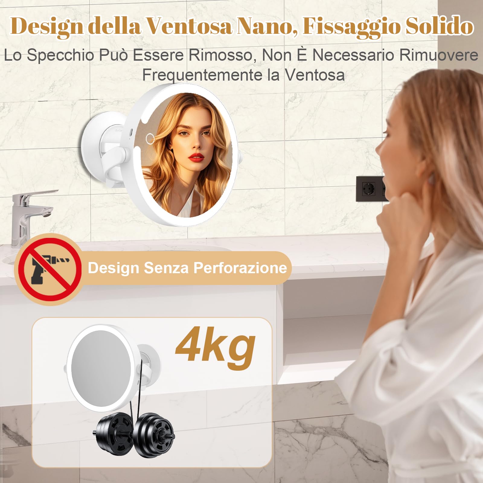 Robofun Specchio da trucco luminoso con ventosa potente, 10x ingrandimento luminoso, specchio d'ingrandimento a luce regolabile in intensità, altezza regolabile 25 cm