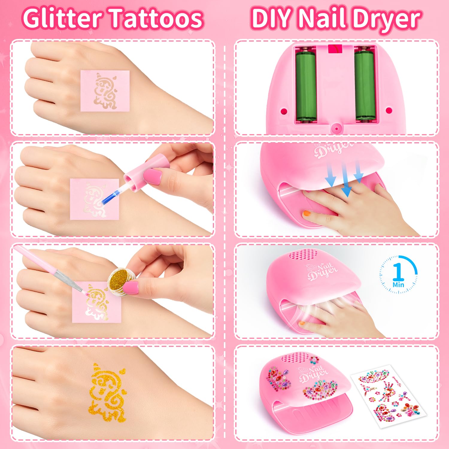 Kinderschminkkoffer voor meisjes, wasbaar, make-upspeelgoed en nagelstudio, nageldroger, nagelstickers, nagellak, manicureset, Halloween, verjaardagen, Kerstmis, cadeaus voor kinderen van 3 tot 12