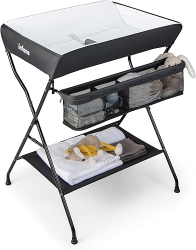 INFANS Baby Changing Table, Folding Diaper Station Portable Nursery Organizer with Safety Belt and Large Storage Racks for Newborn Baby and Infant