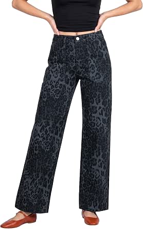 Luvamia Wide Leg Leopard Pants High Waisted Cheetah Print Jeans for Women