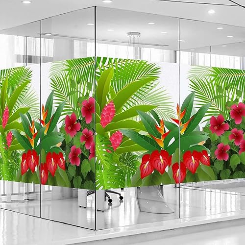 Película de privacidad para ventana, color verde y rosa, película de vidrio decorativa, sin pegamento, anti-UV, no adhesiva para dormitorio, sala de