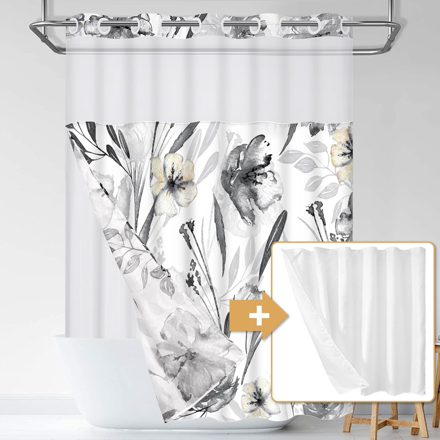 Alishomtll No Hook Shower Curtain with 2 Pcs Snap On Shower