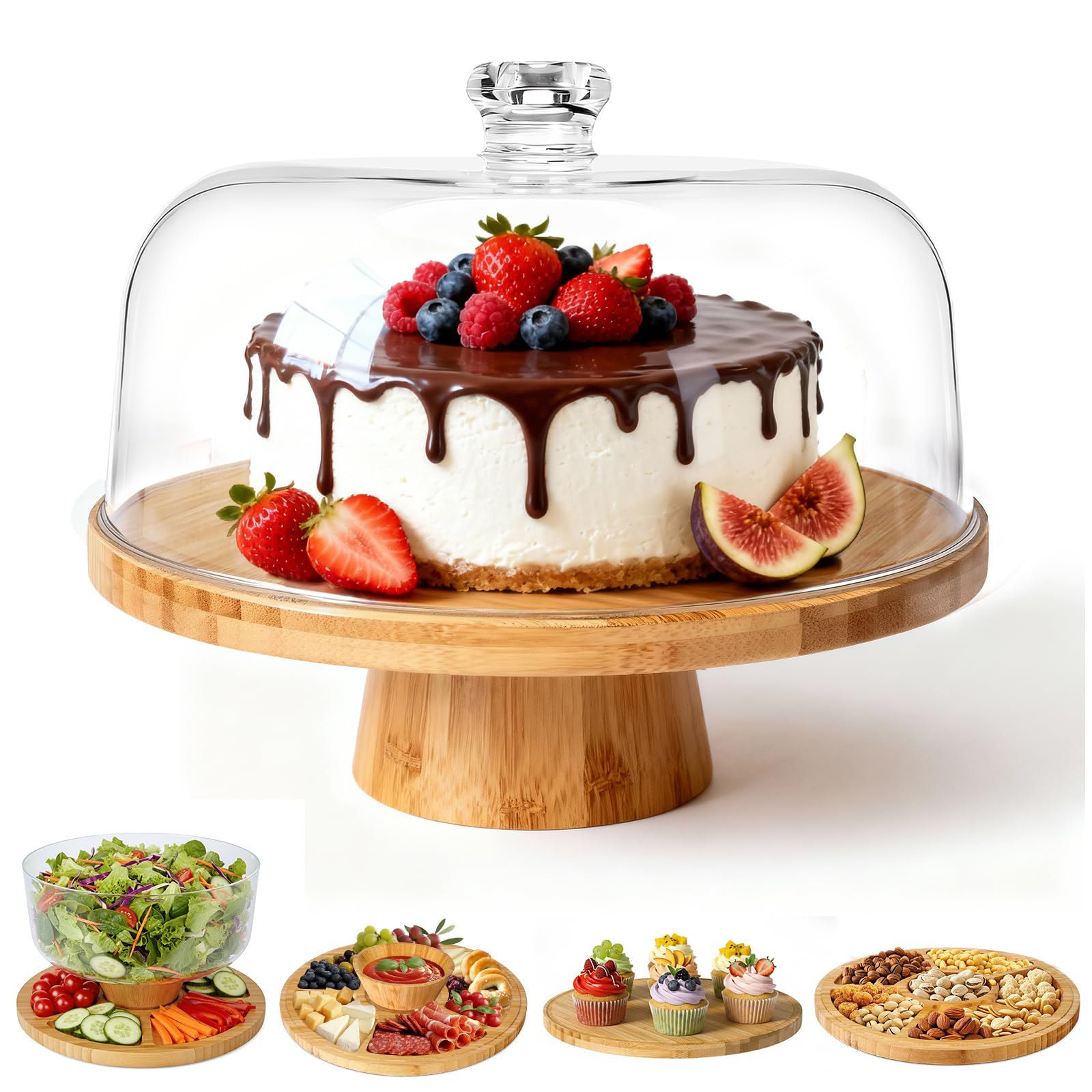 Masthome Cake Stand with Dome Lid,Wooden Cake Stand with Acrylic Dome,Multifunctional 6 in 1 Clear Cake Plate for Snack Fruit Server Salad Bowl Kitchen Party BBQ