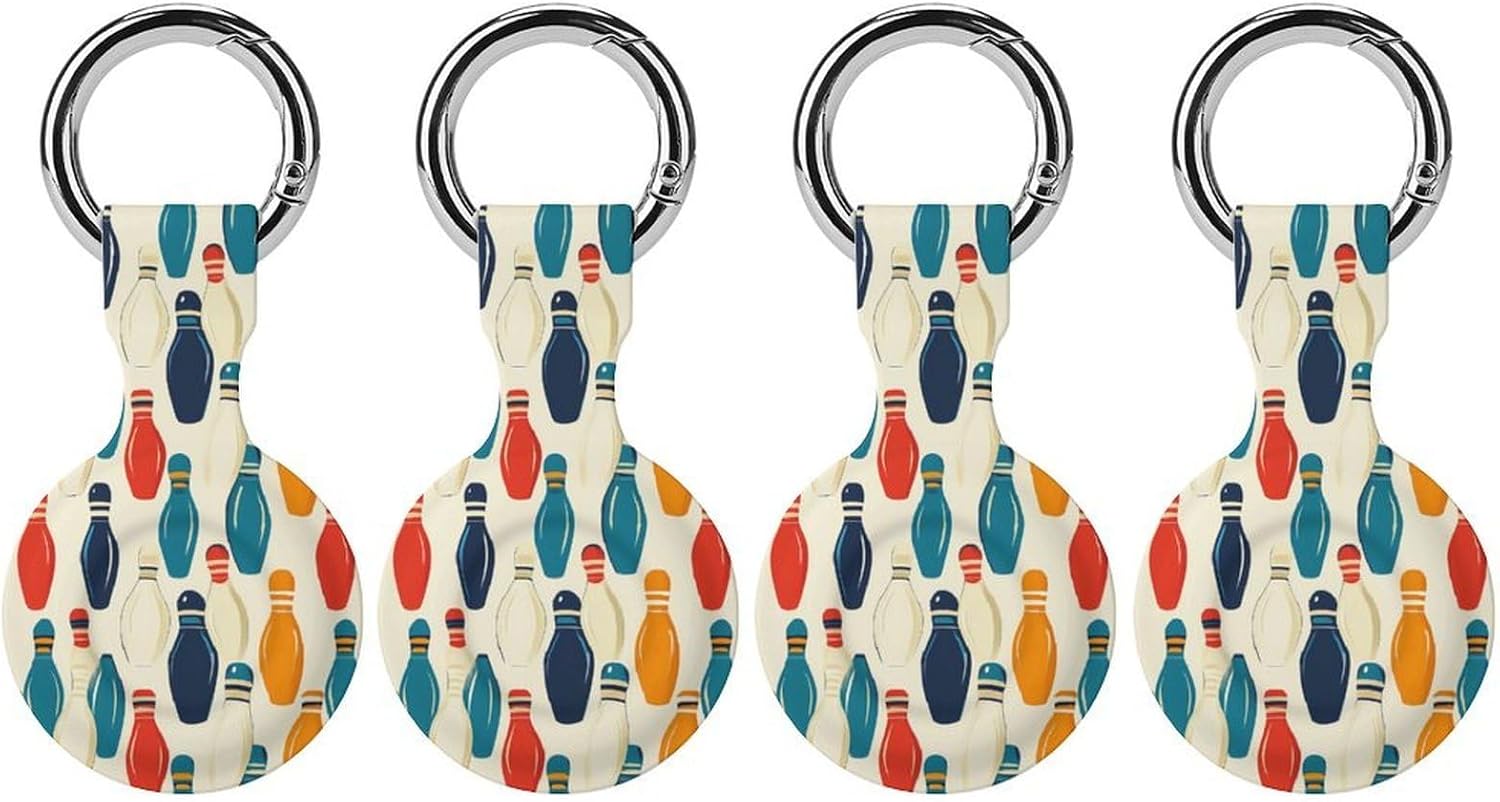 Colorful Bowling Pins Silicone Case Compatible with Airtags Protective GPS Holder with Keychain for Wallet Luggage Pets