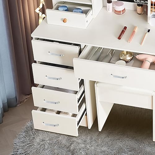 Miniatura 5 de Ciumeeo Escritorio de tocador con espejo iluminado LED, juego de mesa de maquillaje pequeño de 31.5 pulgadas de ancho con 2 cajones, tocador de