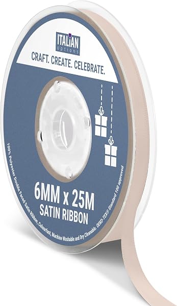 Italian Options Satin Ribbon, Fabric Ribbons for Gift Wrapping, Crafting, Balloons, Wedding Car, Presents, Cake, Christmas, Birthday, Gift Wrap Accessories, 6mm Wide x 25 Metre Roll, Taupe - 1