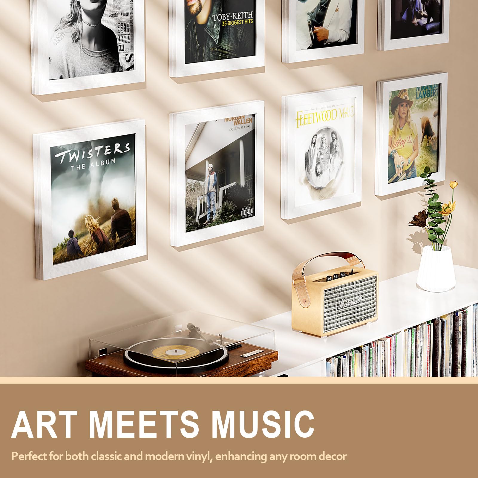 3 pezzi scatola in vinile, apertura frontale a parete, supporto in vinile, telaio in legno, stile vintage, per dischi in vinile, per visualizzare coperture in vinile LP da 12 x 12 pollici