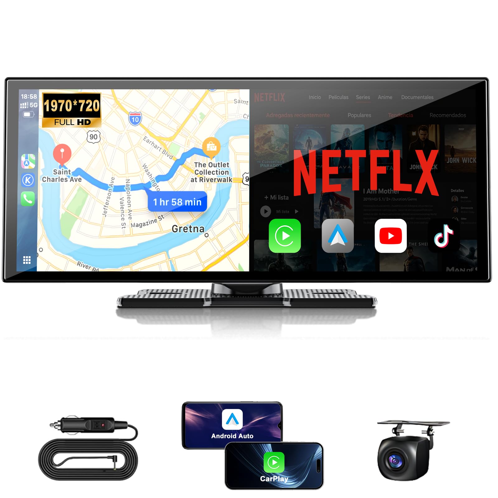 Schermo Carplay 2026 da 11 pollici per auto, Net-flix integrato, You-Tube, Tik-Tok e altro, tablet per auto HD 1920 x 720P per Apple Carplay e Android Auto con fotocamera di backup 1080P