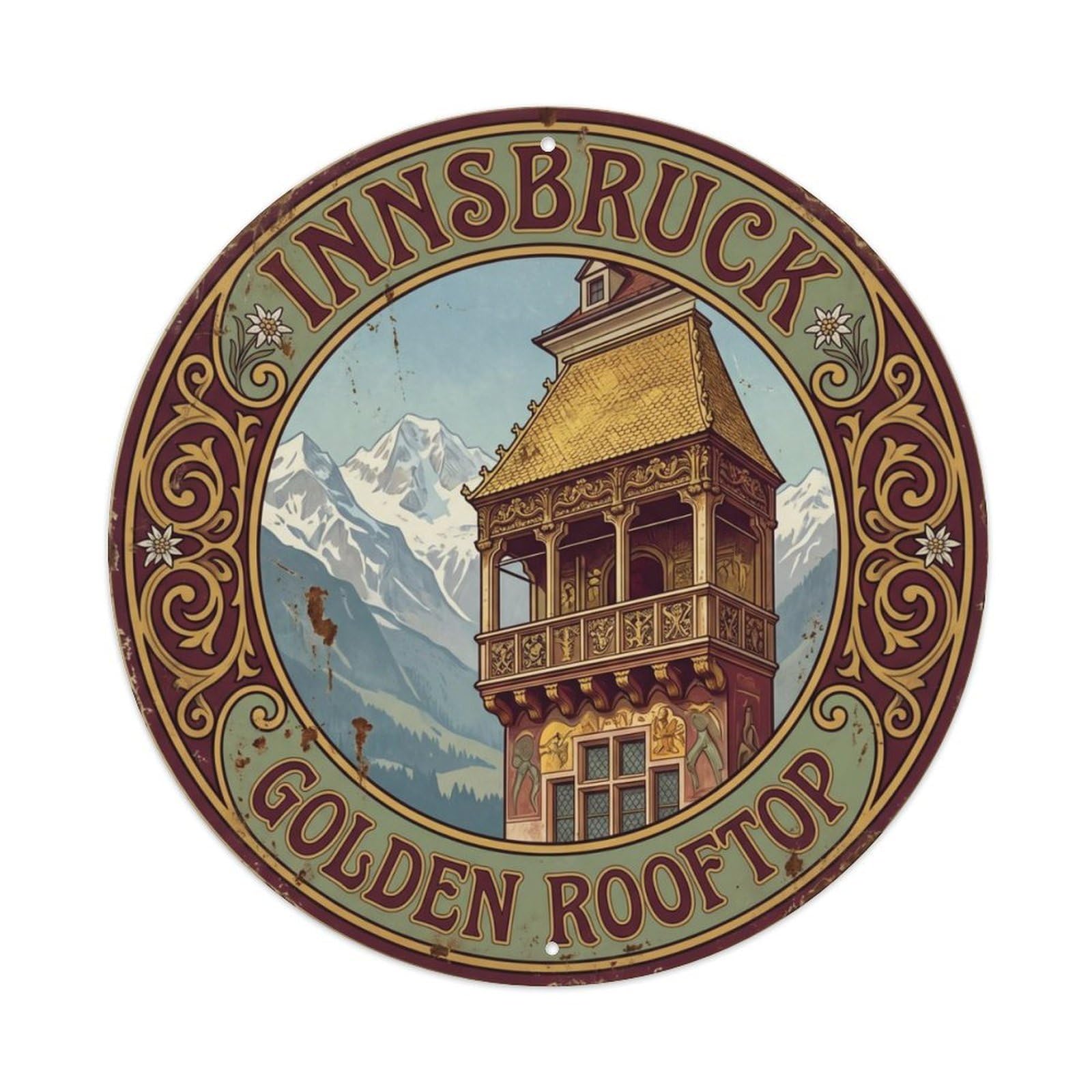 Vintage Travel Innsbruck Austria Rooftop Metal Tin Sign Plaque Wall Decor for Cafe, Club, Garden Round Metal Poster 8x8Inch