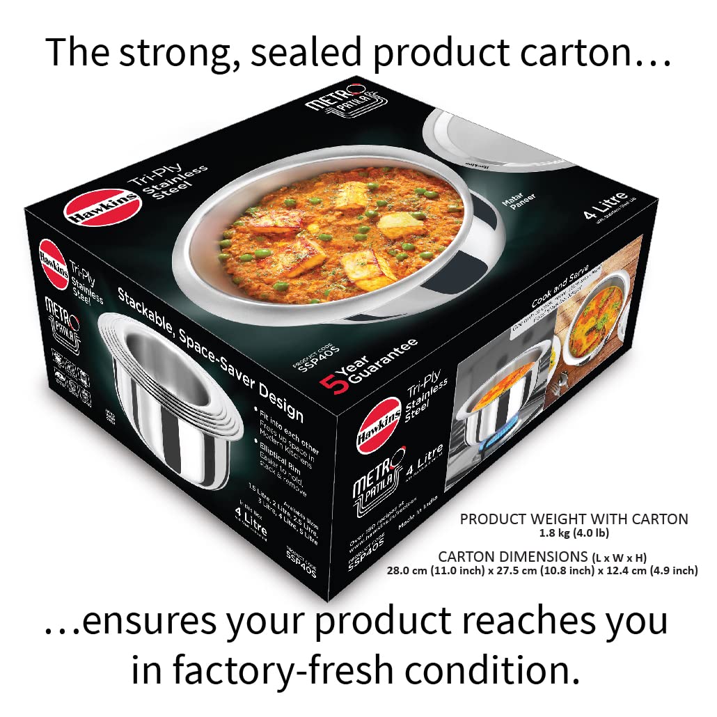 HAWKINS 4 Litre Metro Patila, Triply Stainless Steel Tope with Stainless Steel Lid, Induction Bhagona, Tapeli, Silver (SSP40S)