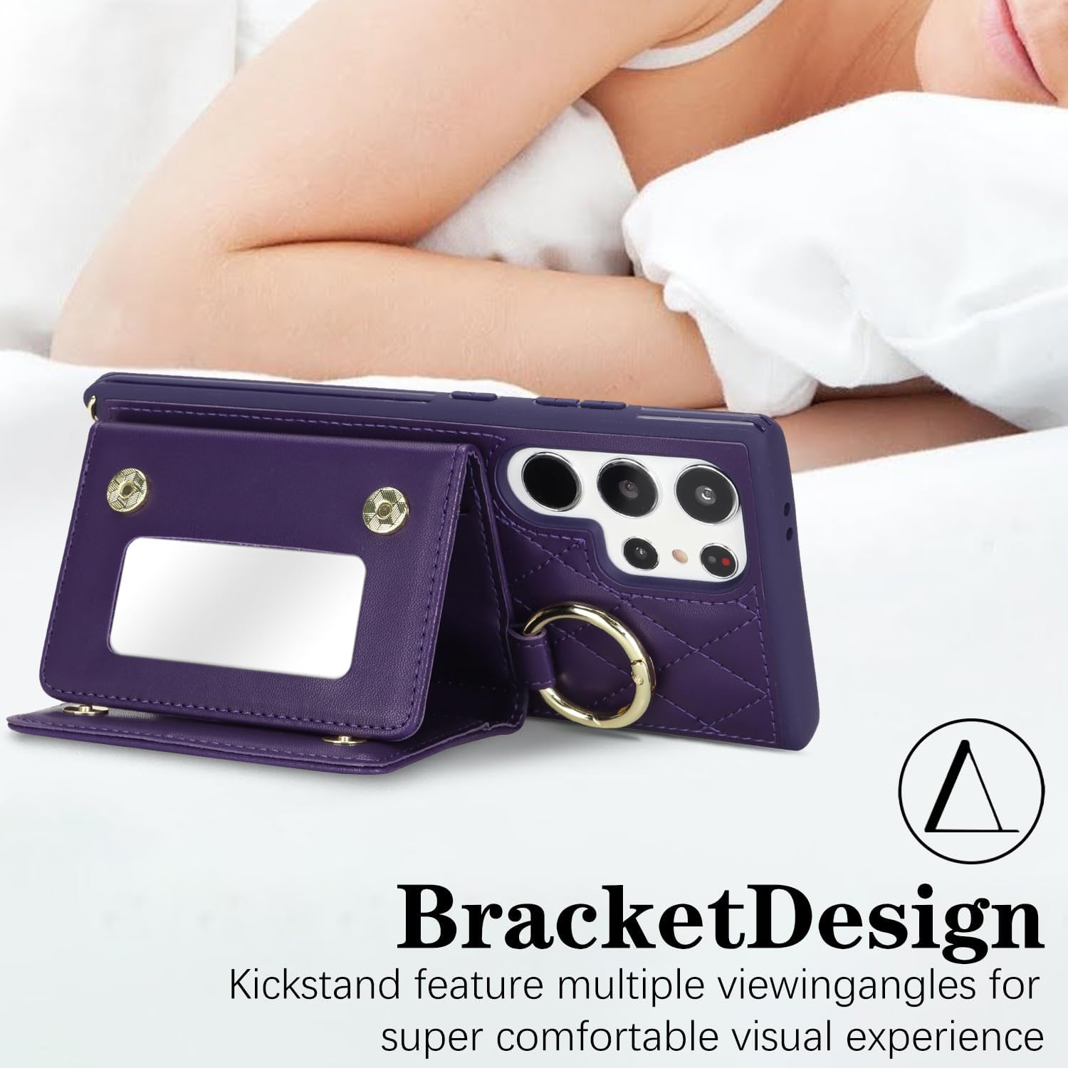for Galaxy S23 Ultra Case with Card Holder and Strap for Women,Crossbody Lanyard, Make Up Mirror,Ring Stand,Snap Clasp,Cute Phone Wallet Cases 6.8 inch - Deep Purple