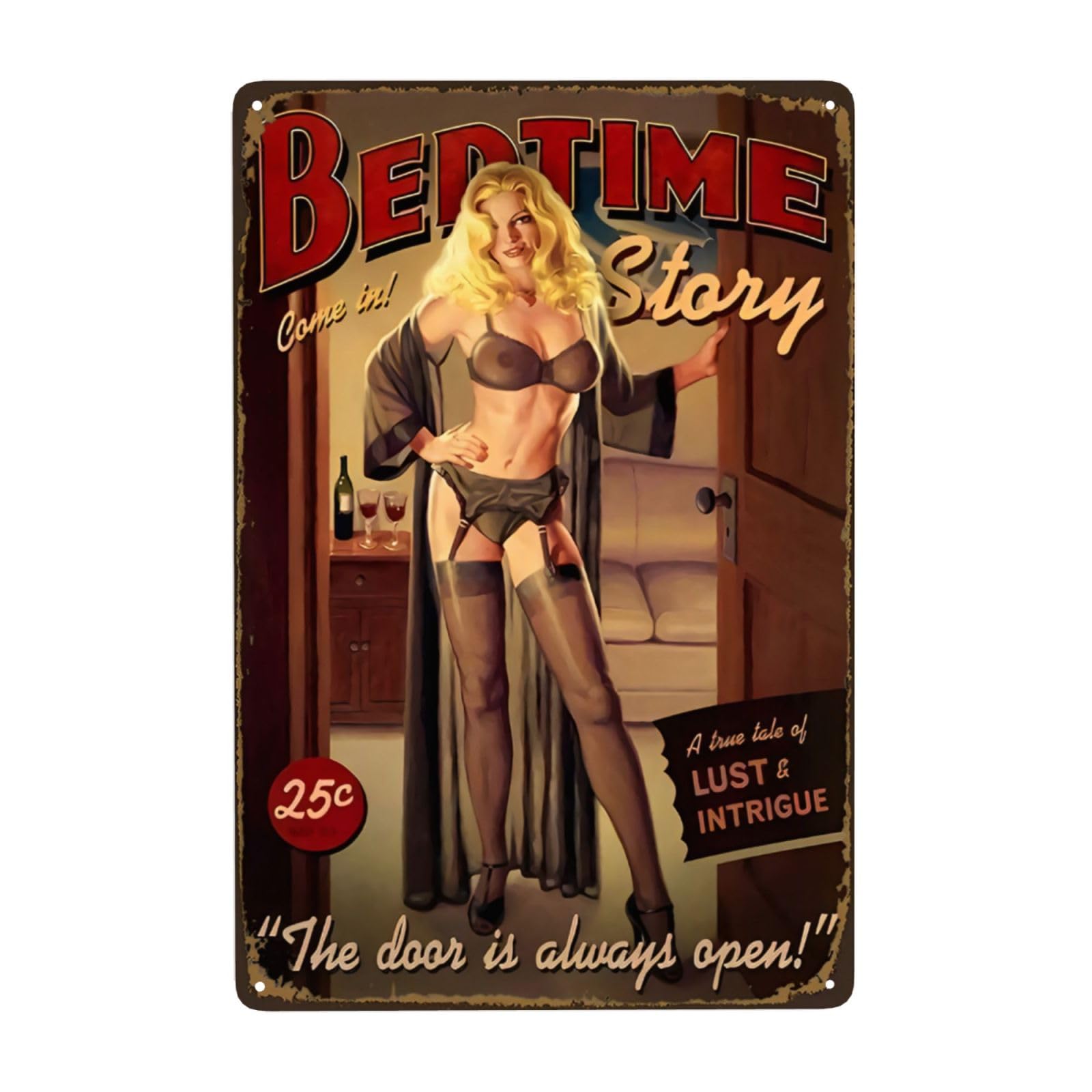 Vintage Metal Sign, Pin Up Girl Bedtime Story Always Open Tin sign, Funny Decor Poster for Home Man Cave Bar Garden Garage Wall Plaque Iron Sign 20 x 30 cm