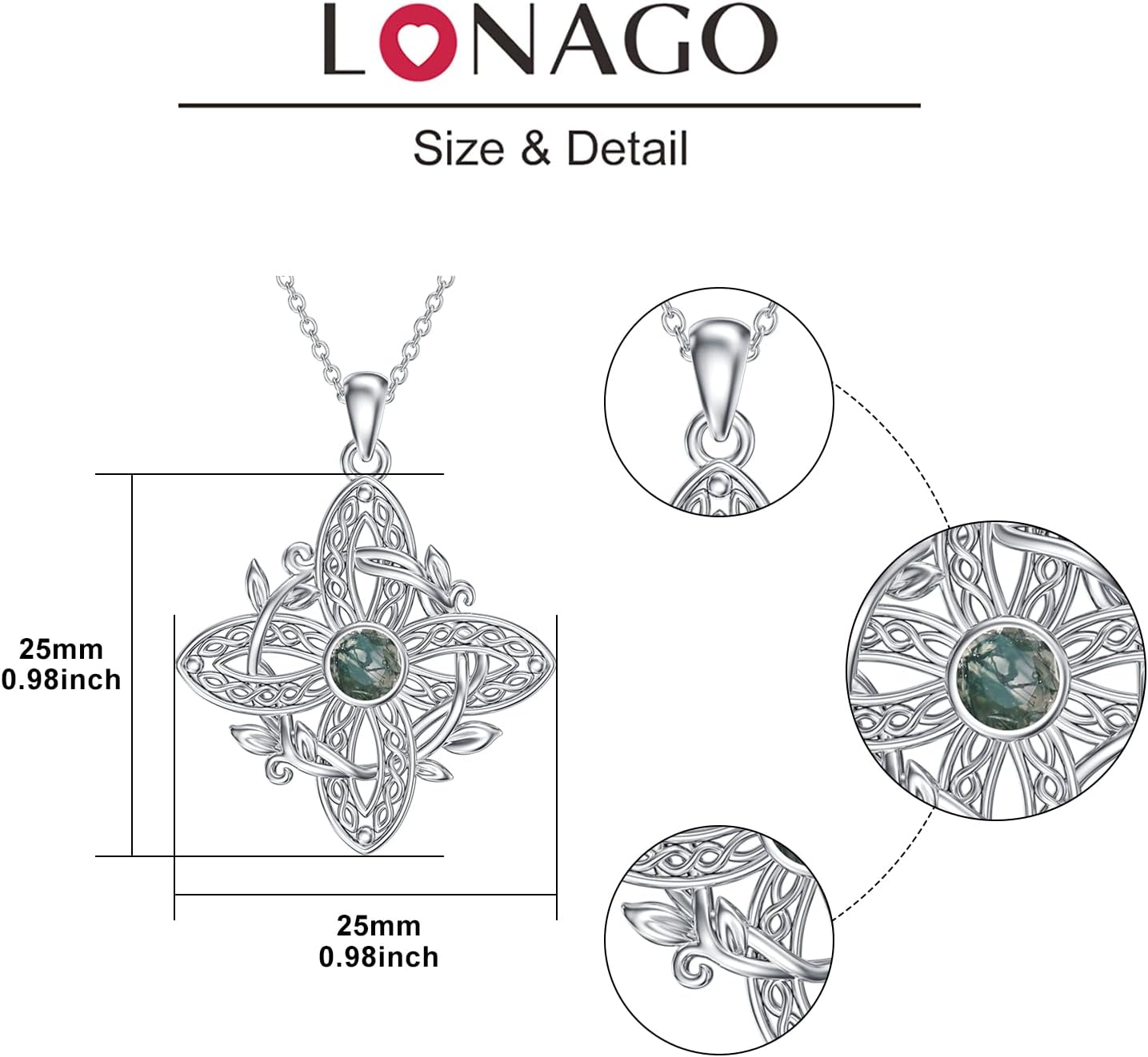 LONAGO Witches Knot Moss Agate Necklace 925 Sterling Silver Original Protection Witch Celtic Knot Pendant Necklaces Wiccan Witchy Pagan Jewelry for Women