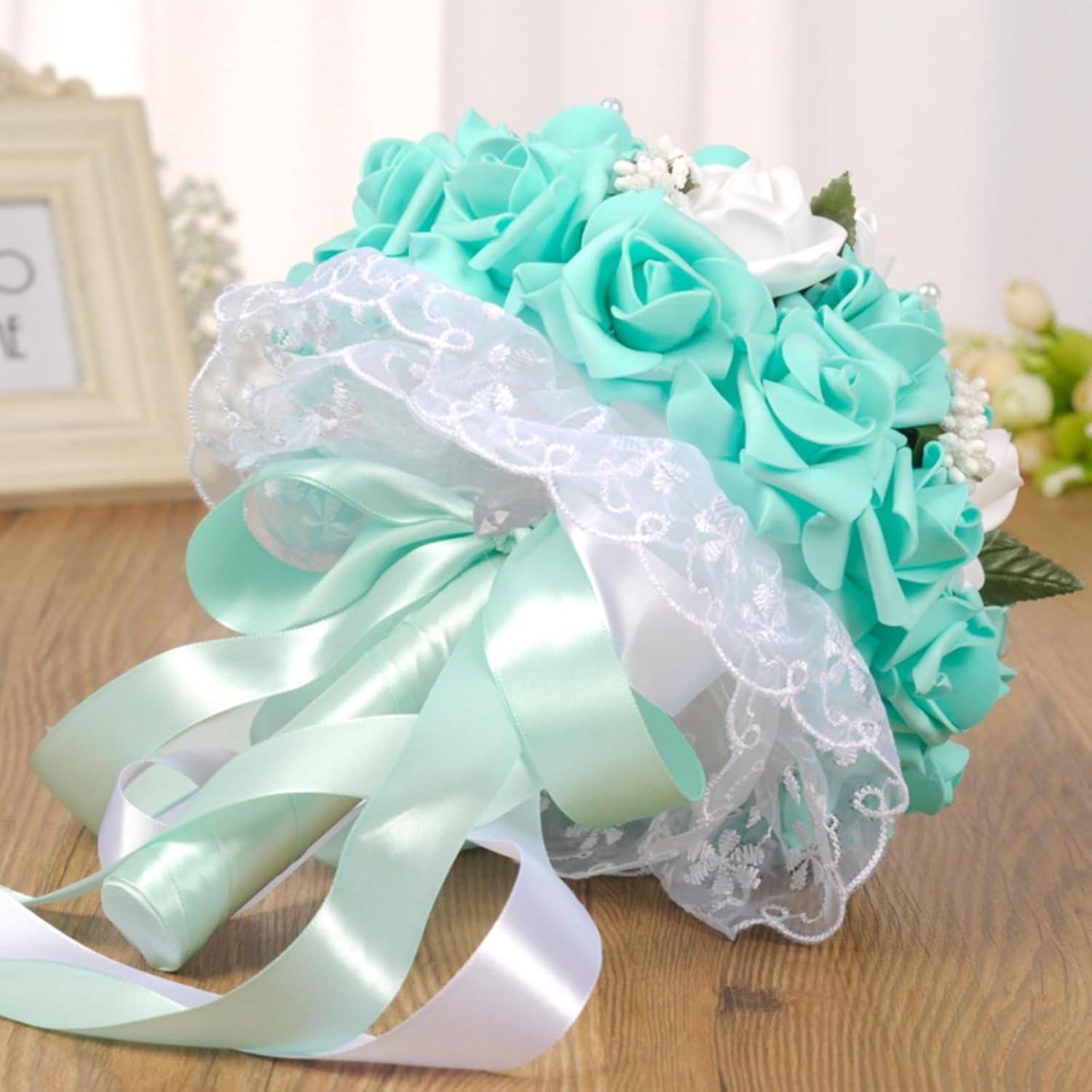 Wedding Bouquets for Bride Bridesmaid, Crystal Rose Pearl Artificial Silk Flower Bridal Brooch Bouquet, Flowers Diamond Satin Bouquets for Engagement Valentine's Day Decor (Turquoise)