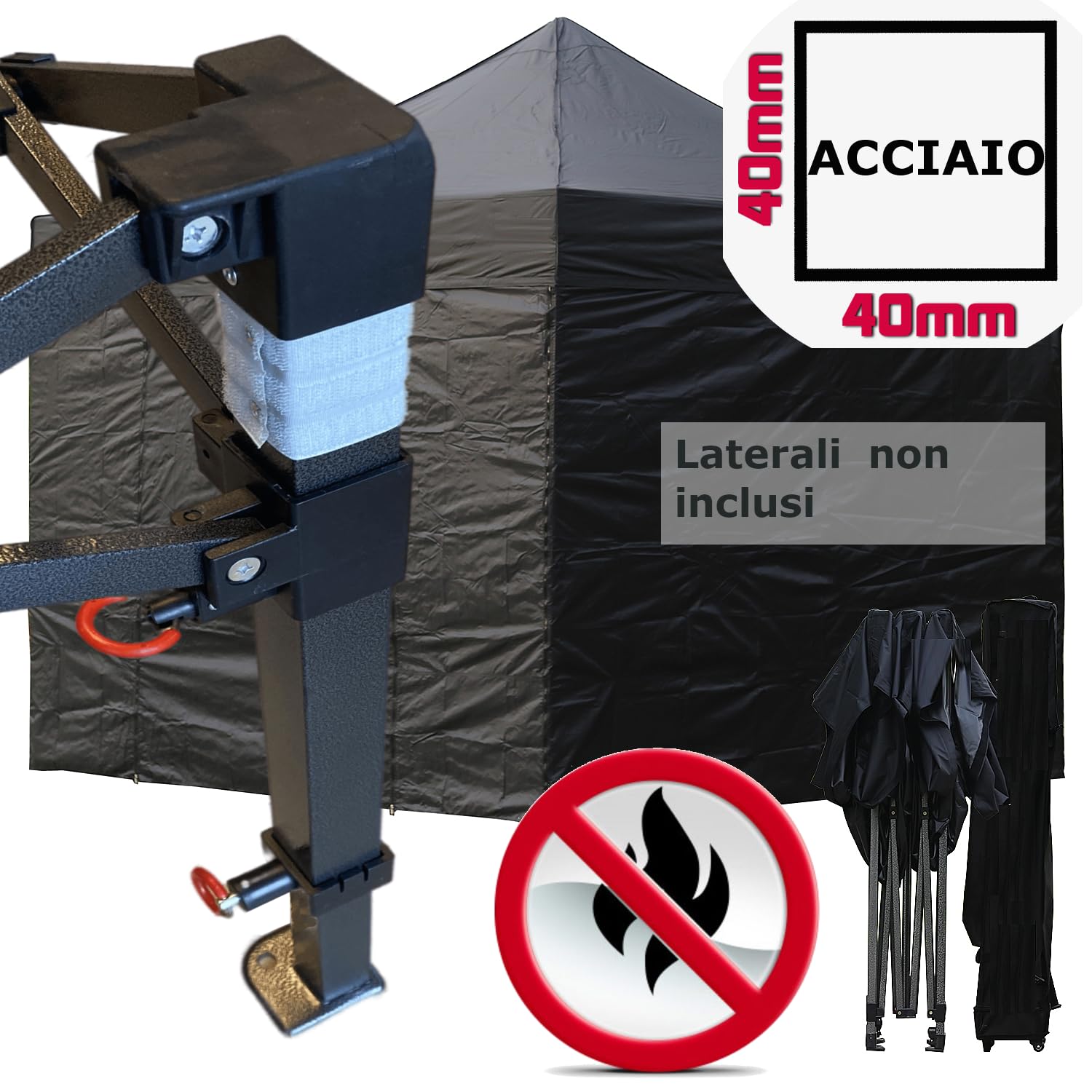 Gazebo certificato IGNIFUGO pieghevole acciaio portatile estendibile richiudibile estensibile per fiere eventi stand chiosco tenda tendone mercato mercatino (laterali esclusi) (Nero, 3x3m)
