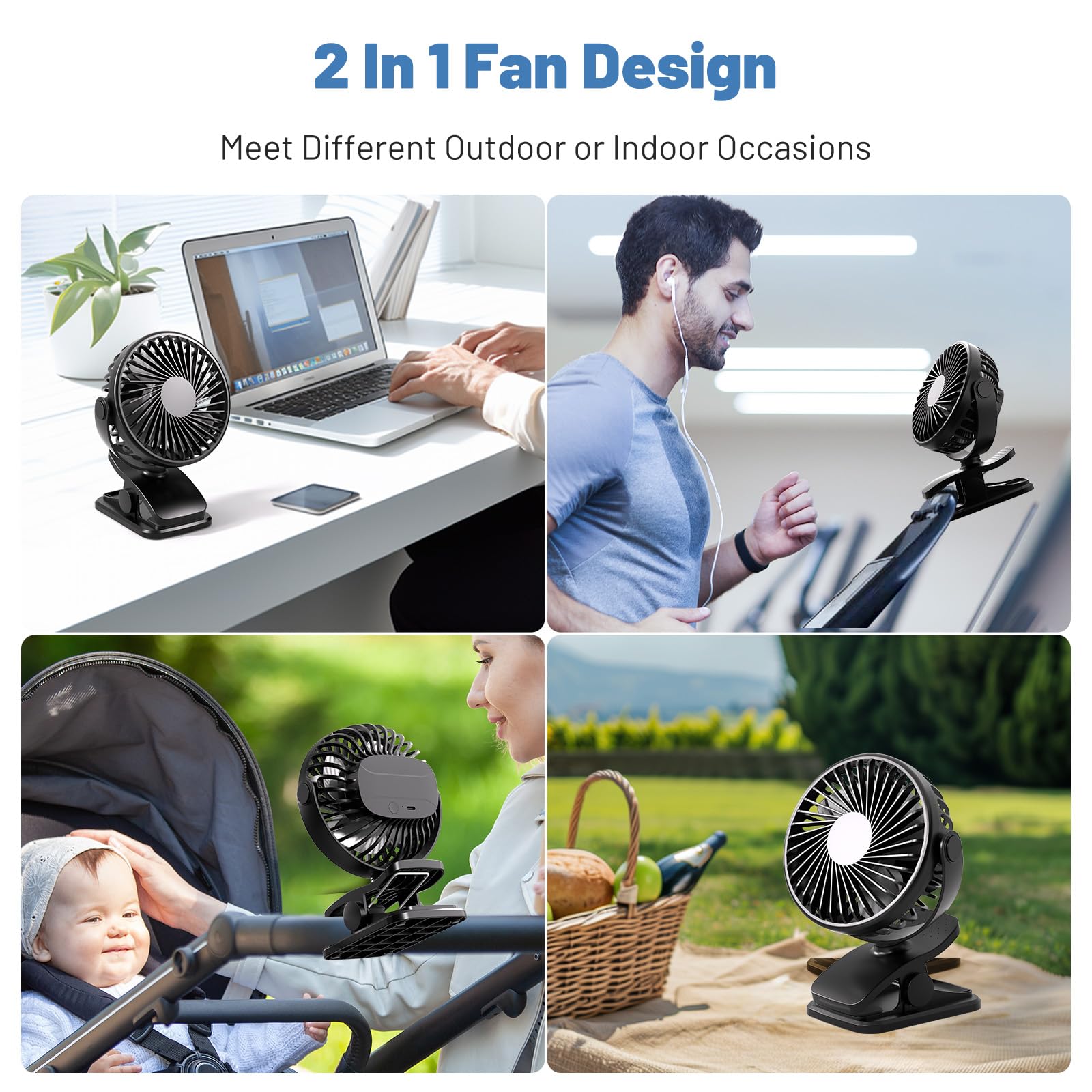 Ventilador portátil con clip alimentado por batería, ventilador portátil para viajes, mini ventilador de escritorio personal silencioso de 3 velocidades, rotación de 360° recargable para acampar 3