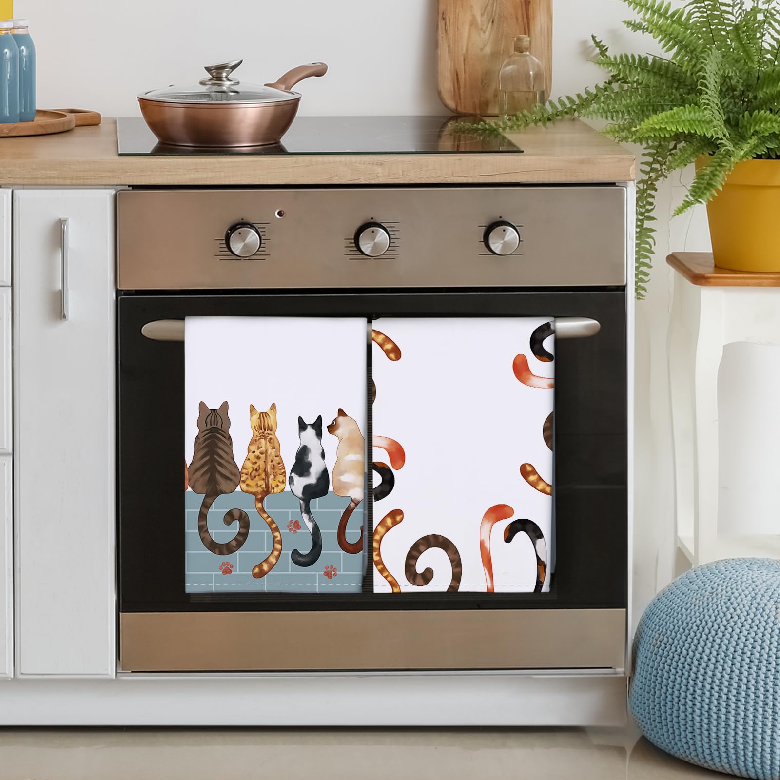 Strofinacci Da Cucina Cotone Set Di 4, Panni Da Cucina In 100% Cotone Multiuso Morbidi E Assorbenti Strofinacci Canovaccio Cucina Strofinacci Da Bar(48 x 70CM, Gatto Dei Cartoni Animati)