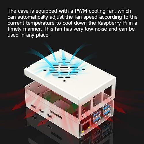 Miniatura 4 de Yahboom Funda para Raspberry Pi 5 Negro Blanco Metal Enfriamiento Funda Protectora con Ventilador de Velocidad Ajustable Anticolisión (Negro)