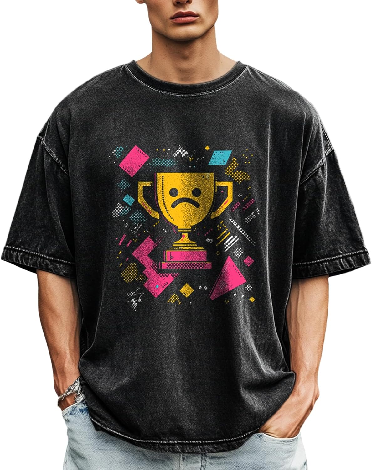 Cotton Shirts for Men Graphic Tees Loose Casual Short Sleeve Acid Washed T-Shirts Summer Crewneck Tops