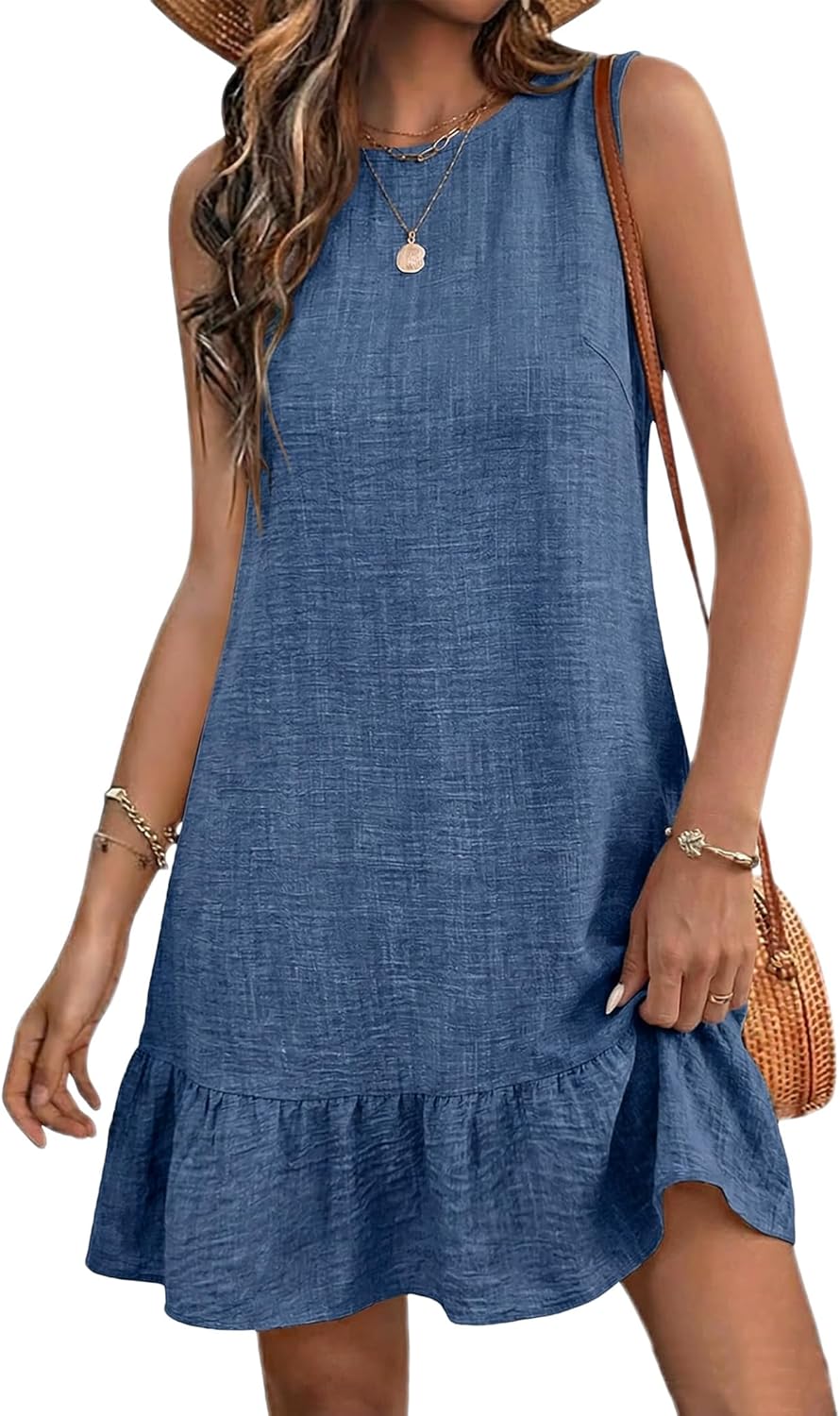 Halife Womens Casual Summer Dresses Tie Back Crew Neck Sleeveless Tank Mini Dress Ruffle Hem Flowy Beach Sundresses