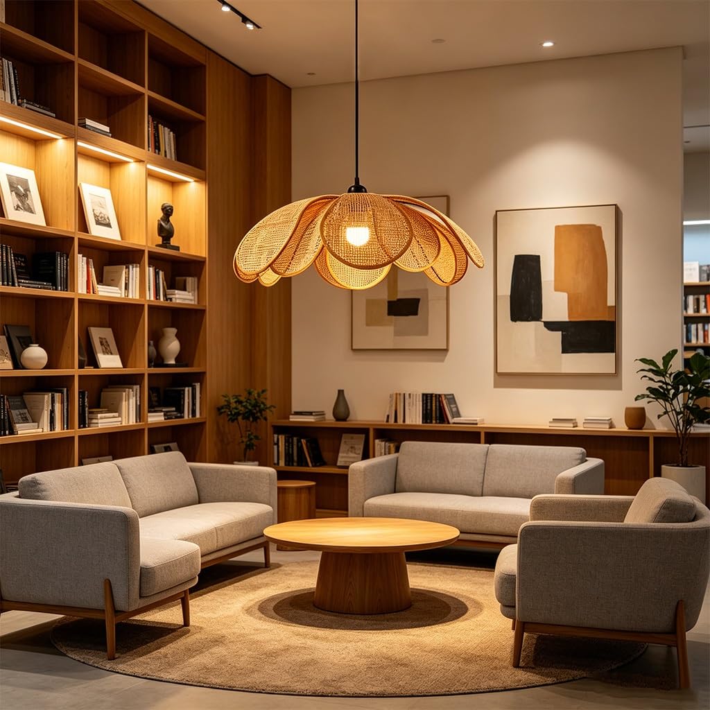 Blumenförmige Rattan Pendelleuchte Handgewebte Hängeleuchte E27 Natürliche Deckenlampe Für Wohnzimmer Schlafzimmer Esszimmer Flur Küche Moderne Rustikale Verstellbarer Höhe(50CM)