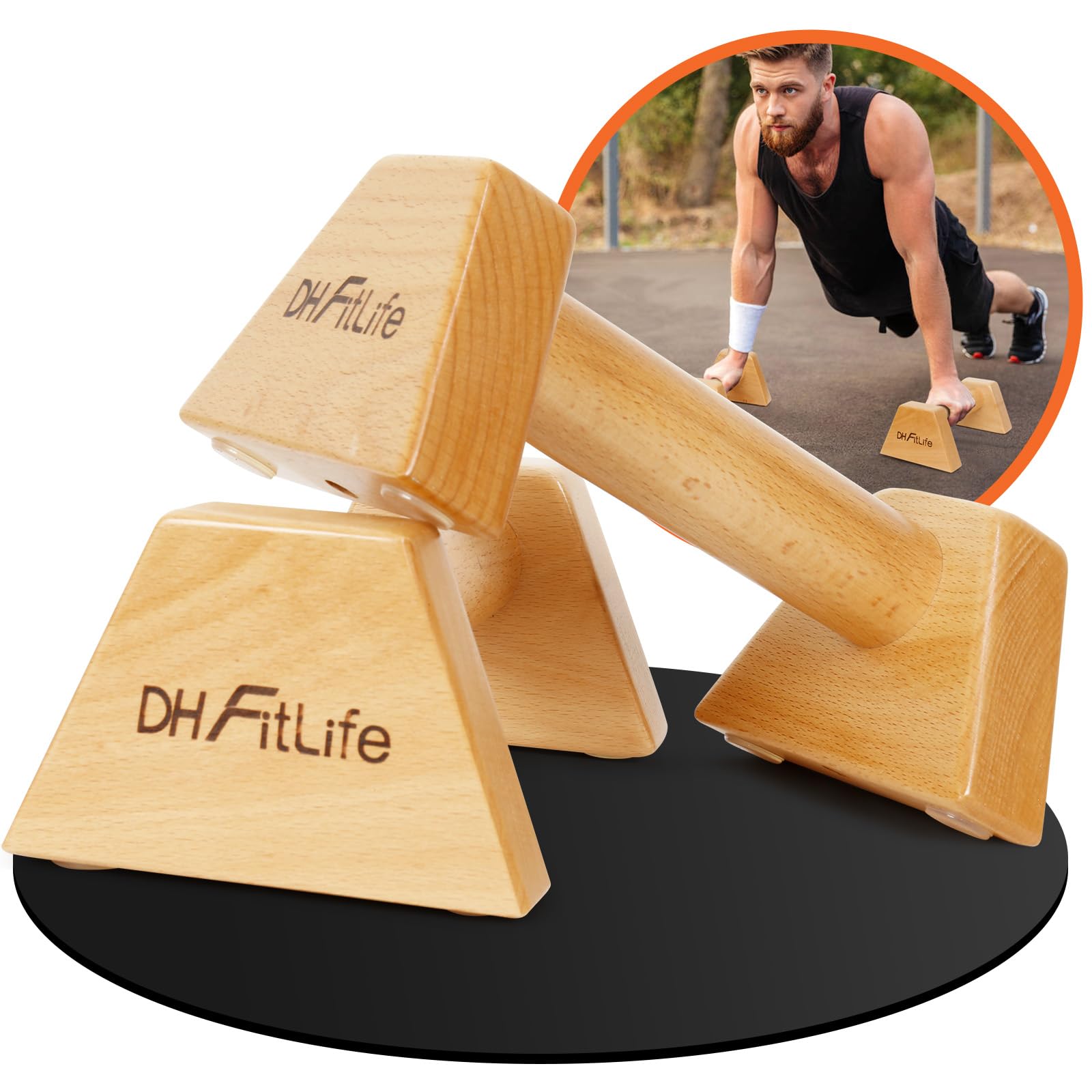 DH FitLife Parallele Calisthenics in Legno – 2x Maniglie Antiscivolo per Flessioni | Parallele Basse | Parallettes | Push-Up Bars | Attrezzatura Calisthenics per Forza | Fitness per Interni & Esterni