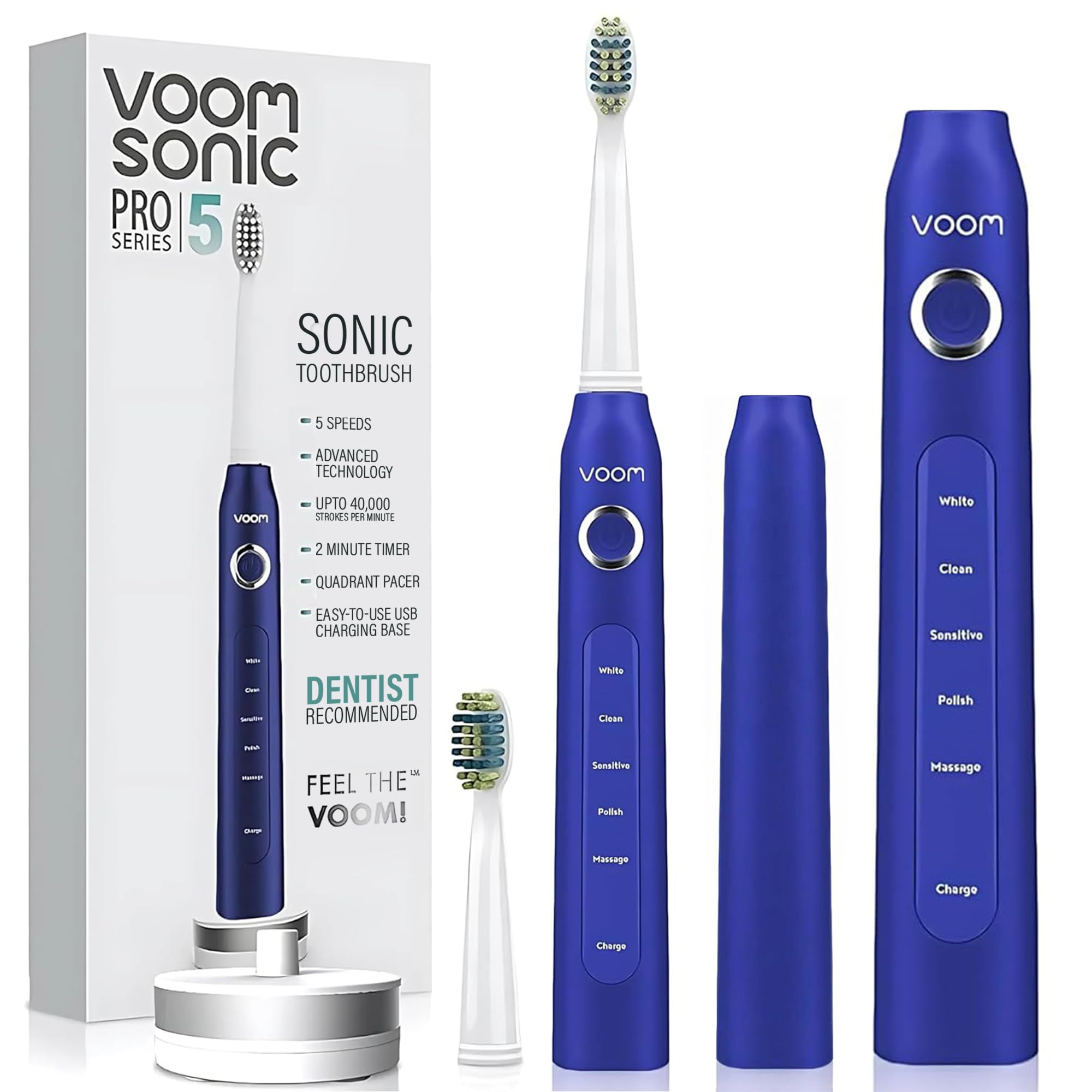 Voom Sonic Pro 5 Series Brosse à dents électrique à ultrasons pour adultes (bleu) - Rechargeable par USB - 40 000 coups/minute - 5 vitesses - Essentiels de salle de bain et de voyage
