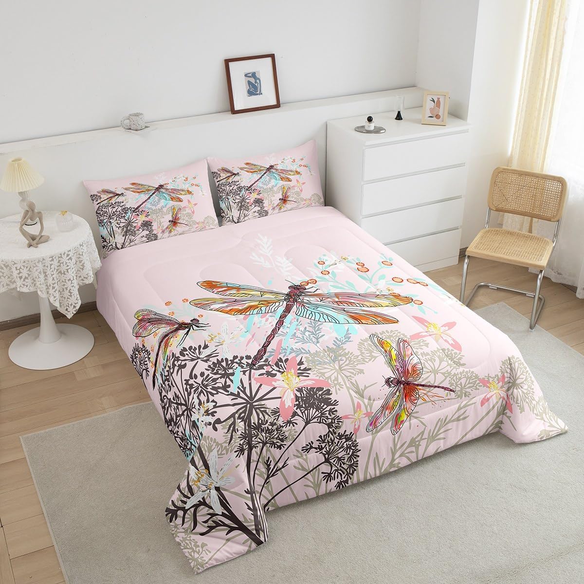 Feelyou Dragonfly Comforter Set Queen Size Dandelion Floral Bedding Set for Kids Girls Teens Women Bedroom Decor Nature Animals Botanical Quilted Duvet Pink,2 Pillowcases
