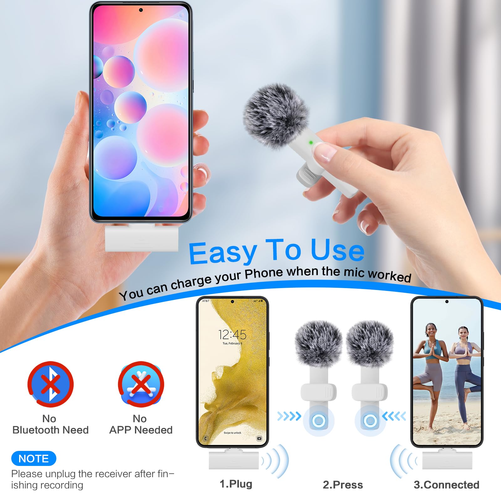 OSA Microfono lavalier wireless USB-C per iPhone 15 Series/Android/Tipo-C Smartphone Laptop, microfono wireless per registrazione video, mini microfono, Live Streaming, TikTok, Vlog, YouTube, bianco