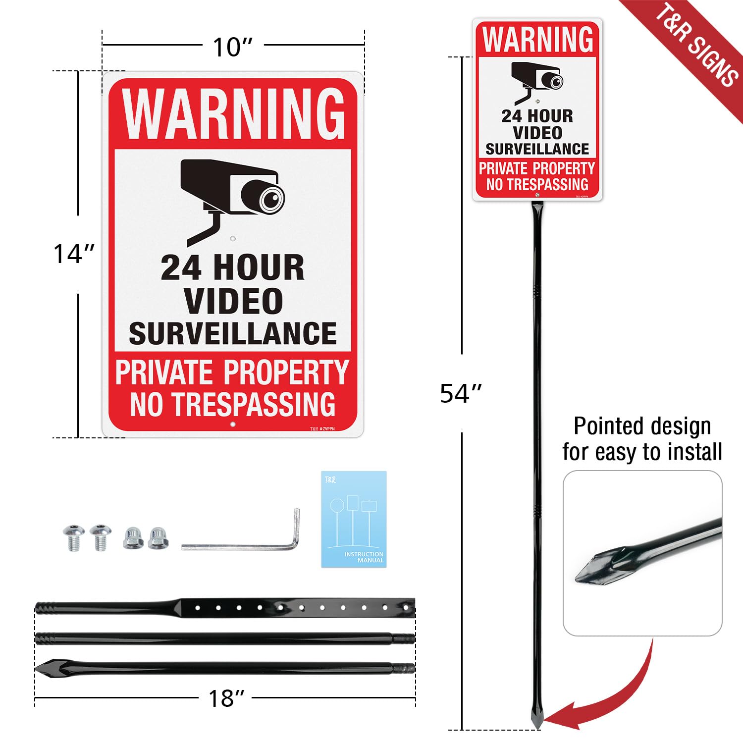 T&R Große Videoüberwachungsschilder mit 137,2 cm Pfahl, Private Property No Trespassing, 35,6 x 25,4 cm, 040, rostfreies Aluminium, reflektierend, wasserdicht und lichtbeständig, 2 vorgebohrte Löcher