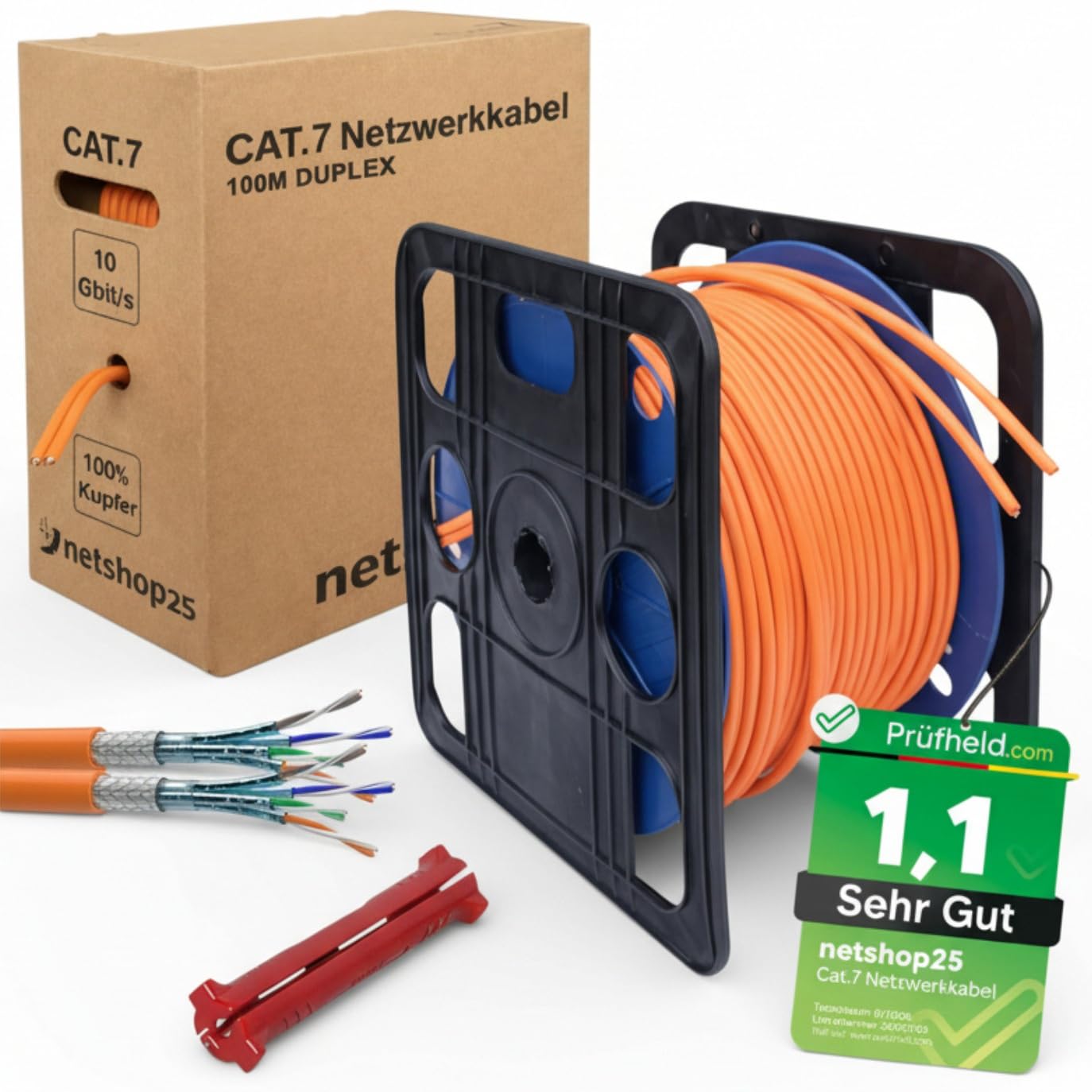 CAT.7 Network Cable 100 m Duplex Installation Cable Pure Copper - LAN Cable S/FTP PiMF LSZH Halogen-Free RoHS Ethernet Cable Data Cable Installation Cable PoE 10 Gbit/s RoHS Compliant Orange + Insulator
